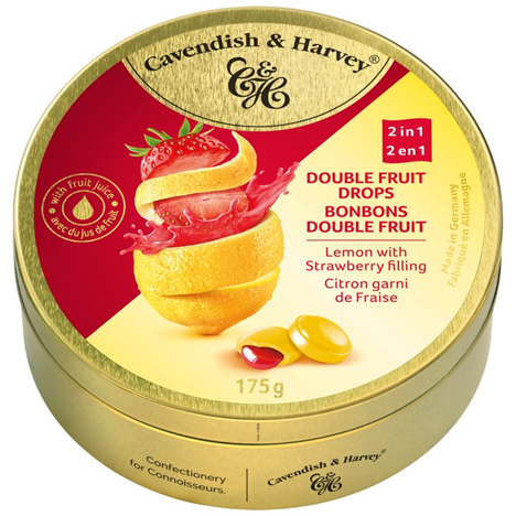 Cavendish & Harvey Double Fruit Drops Lemon Filled W/Strawberry Tin 175g
