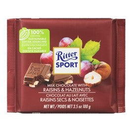 Ritter Sports Milk Chocolate With Raisins & Hazelnuts 100g bar (3 pack sizes)