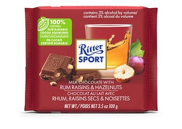 Ritter Sports Milk Chocolate With Rum Raisins & Hazelnuts 100g bar (3 pack sizes)