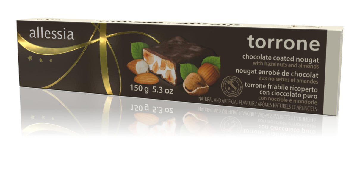 Allessia Torrone Hard Chocolate Coated Nougat with Hazelnuts and Almonds 150g