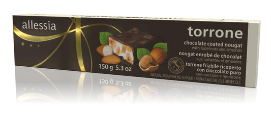 Allessia Torrone Hard Chocolate Coated Nougat with Hazelnuts and Almonds 150g